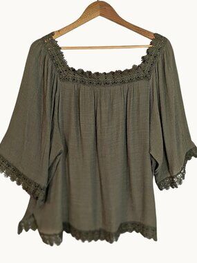Zac & Rachel Olive Boho Peasant Blouse Lace Trim Flowy Bell Sleeve 2X Plus Size